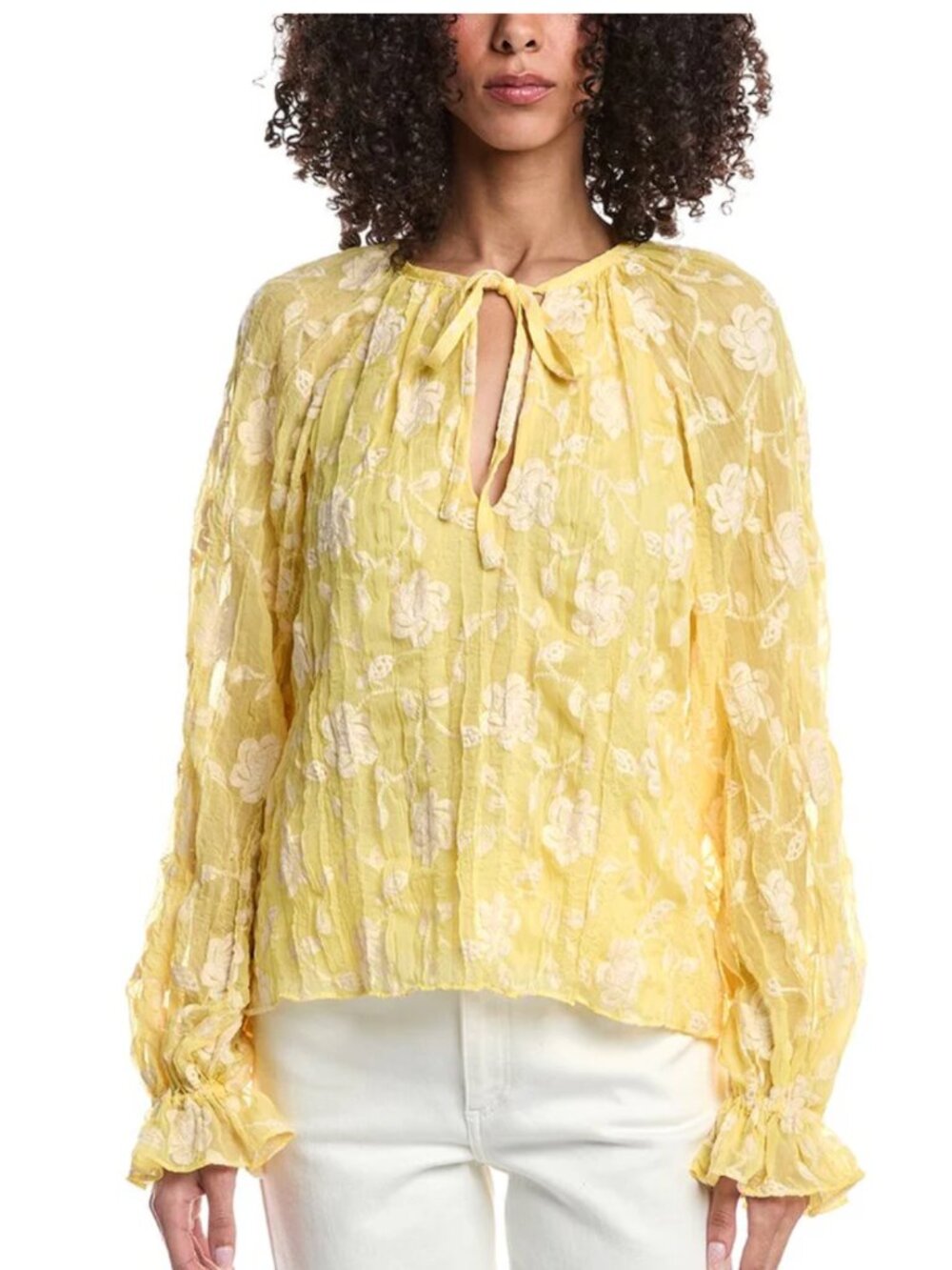 Ramy Brook Nola Blouse Yellow Floral‎ Tie Neck Long Sleeve Boho Top NWT Small